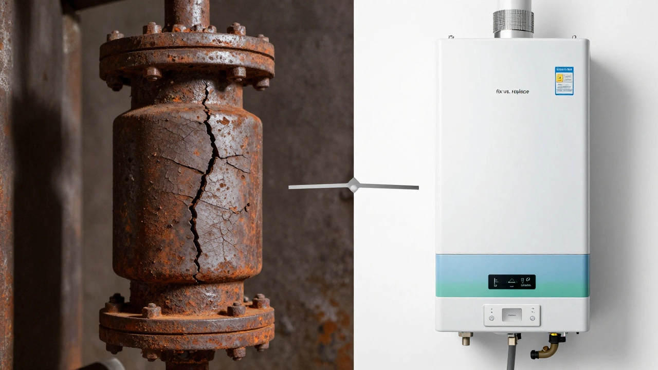 Split view contrasting a damaged old boiler part with a new, efficient modern heating unit