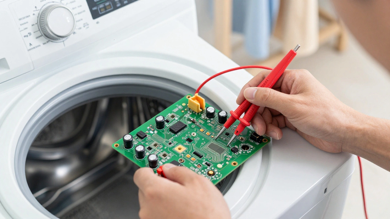 Technician testing washing machine control board with a multimeter