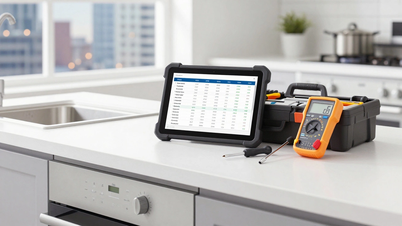 Technician tools and tablet on counter near oven control panel