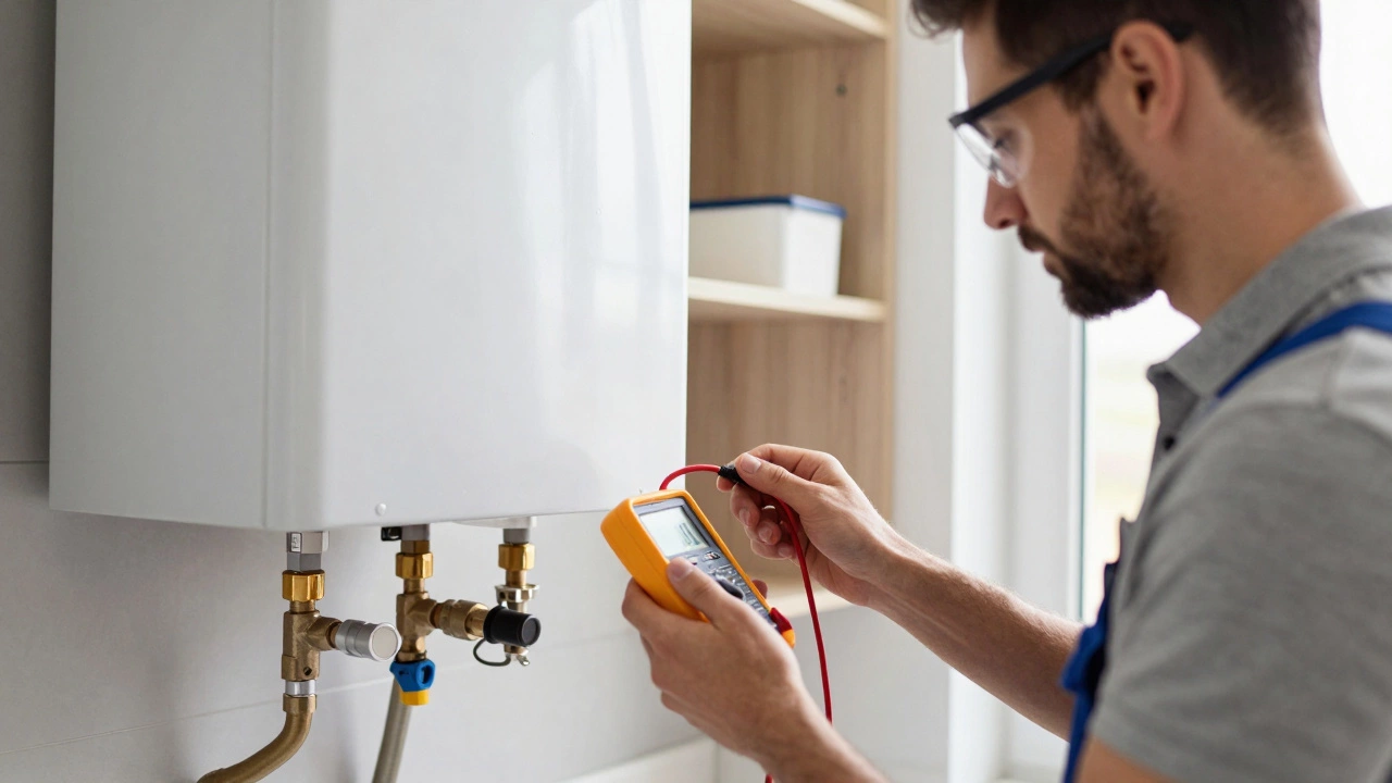 Technician using a multimeter to diagnose a gas water heater in a utility room