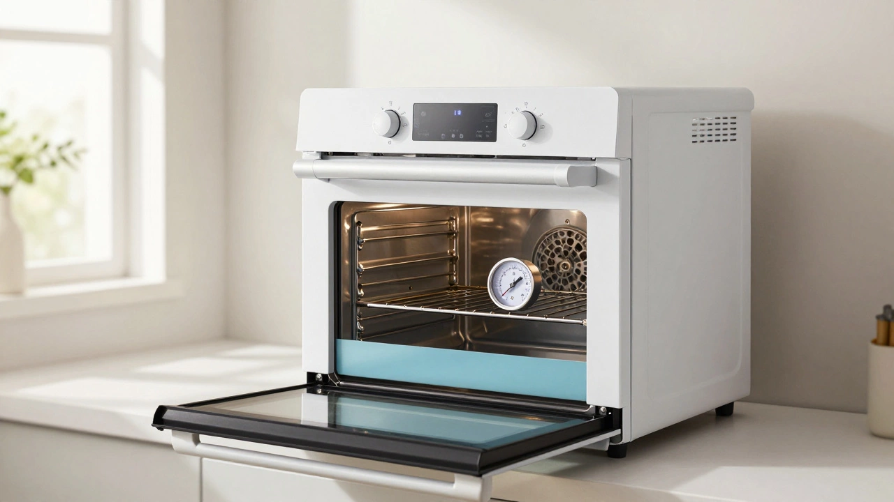 Clean electric oven with internal thermometer showing proper maintenance