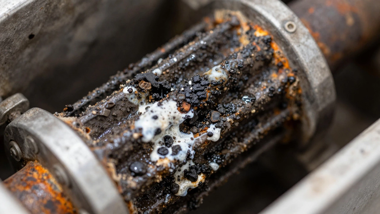 Close up of corroded boiler parts clogged with black sludge