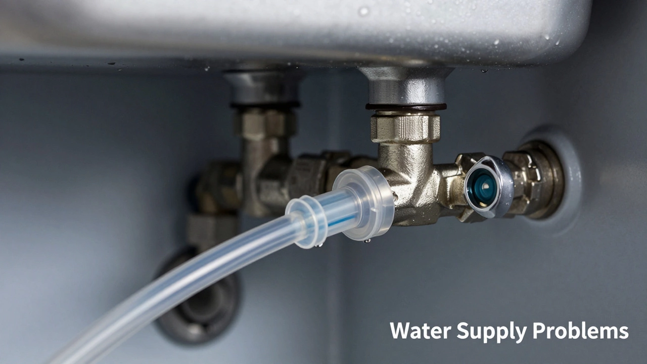 Close-up of refrigerator water line and valve connection