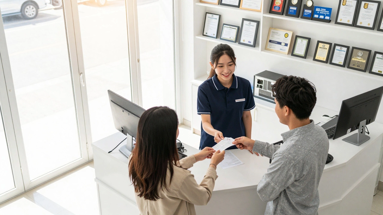Customer receiving a receipt at a clean, professional repair shop counter
