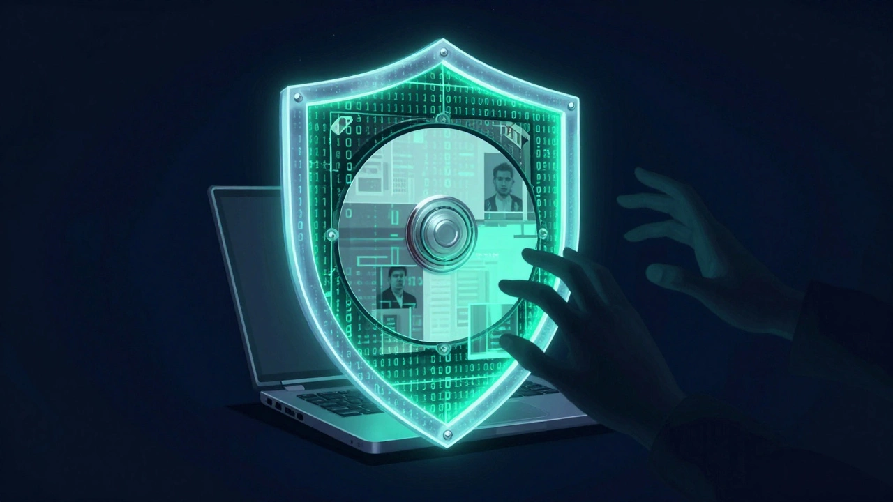 Digital art of an encrypted hard drive protected by a glowing data shield