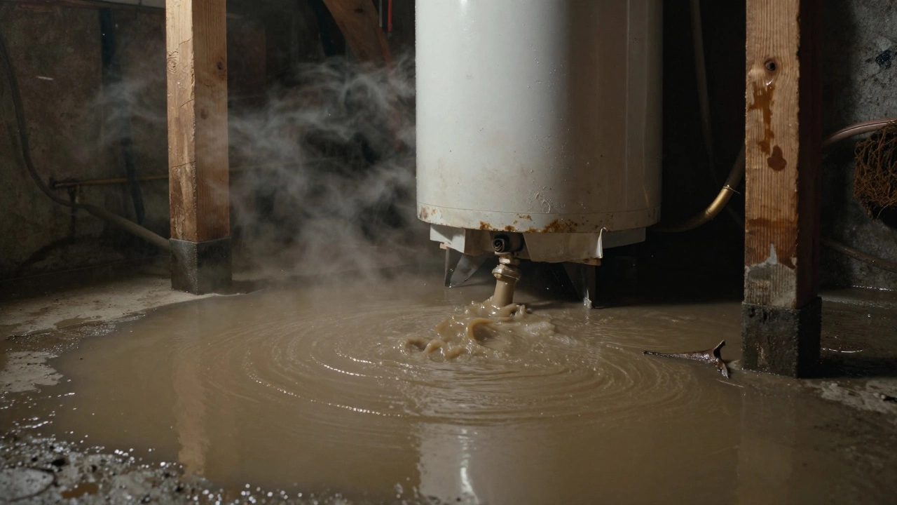 Flooded basement with ruptured water heater leaking dirty water