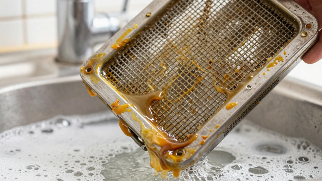 Grease-clogged metal filter being prepared for cleaning in soapy water
