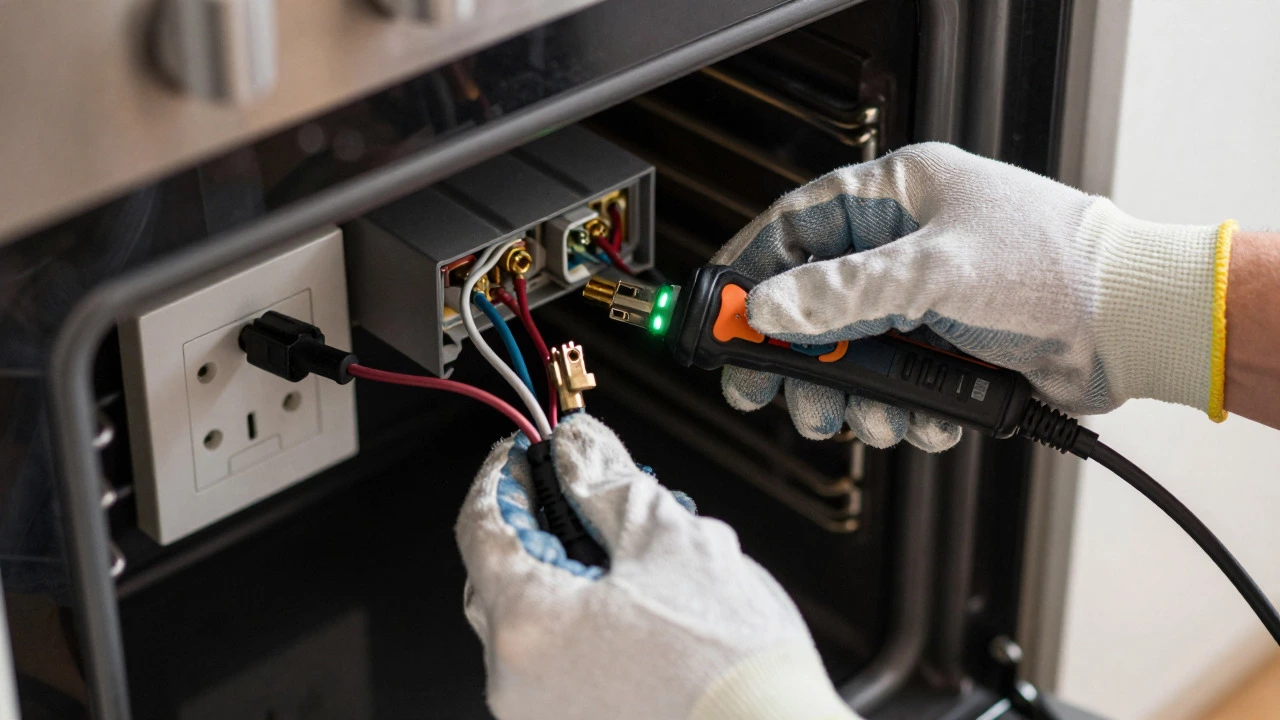 Hands connecting electrical wires behind an oven with safety tools