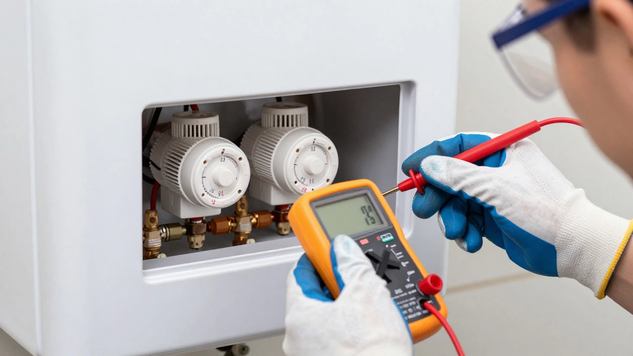 Hands testing water heater elements with a multimeter