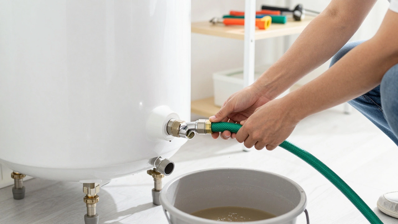 Homeowner flushing water heater with garden hose in utility room