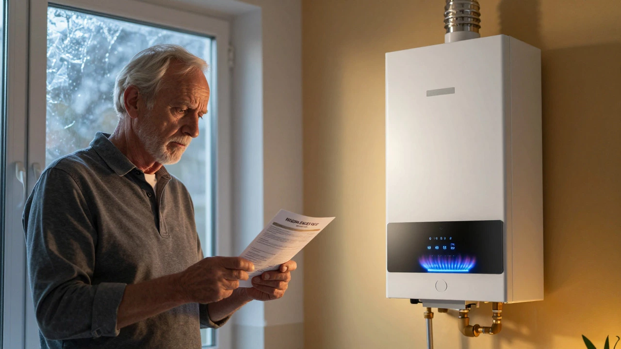 Homeowner holding bill next to old boiler vs new efficient unit