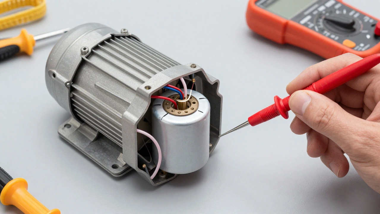 Multimeter testing run capacitor inside extractor fan motor assembly