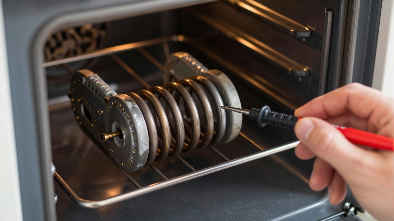 Multimeter testing the resistance of an oven's bake heating element