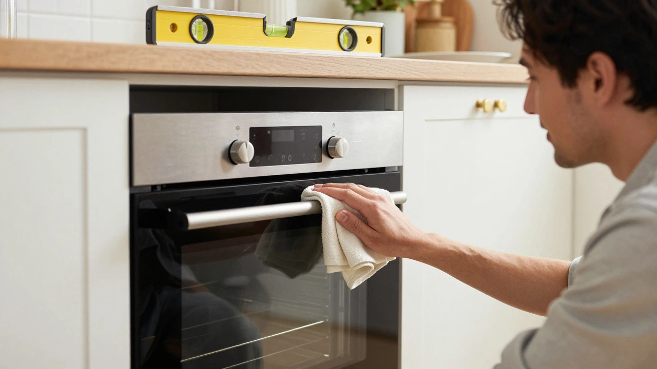 Newly installed electric oven leveled and cleaned in a kitchen