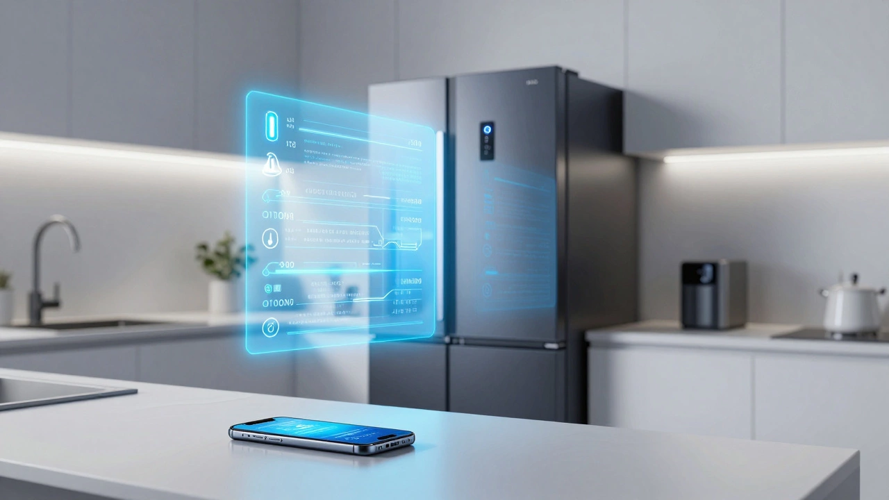 Smart fridge with holographic data overlays in a modern kitchen