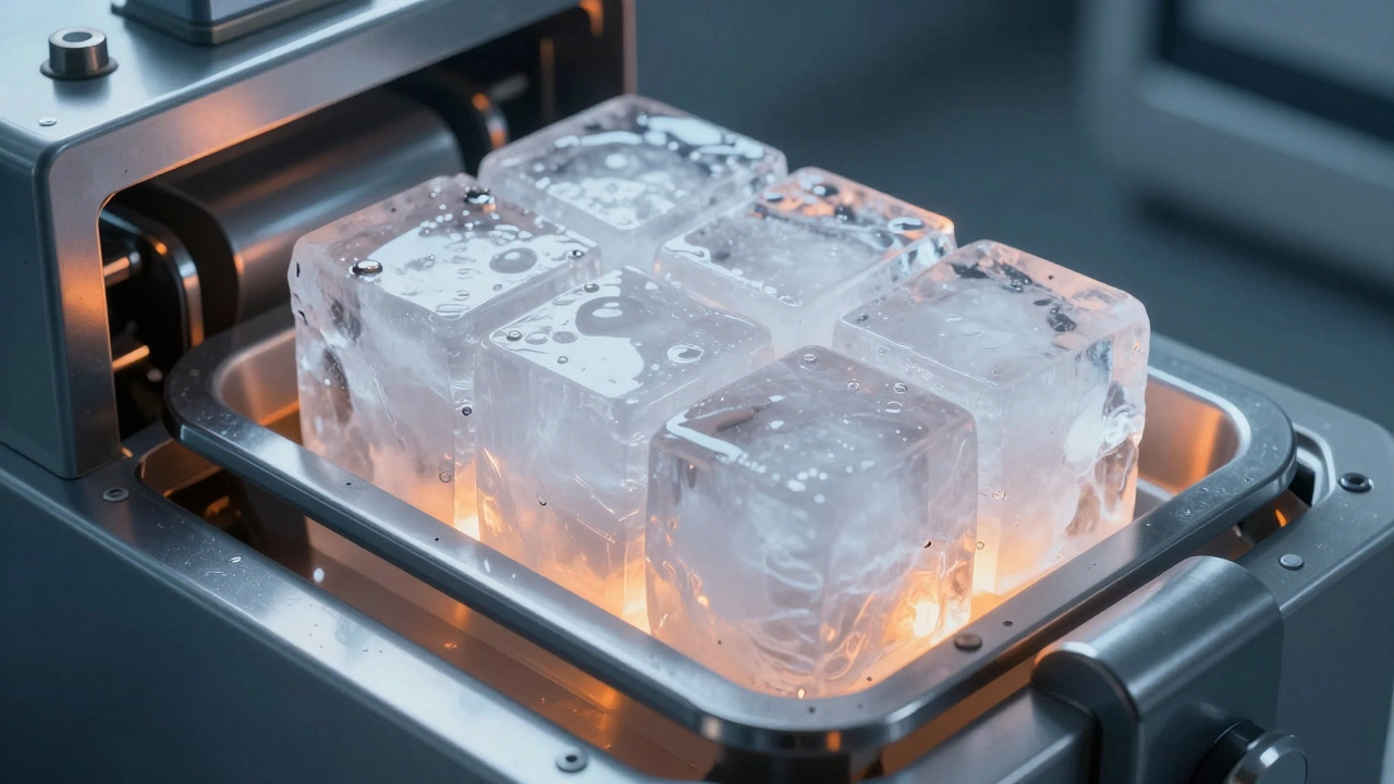Solid block of ice stuck in a freezer ice maker mold