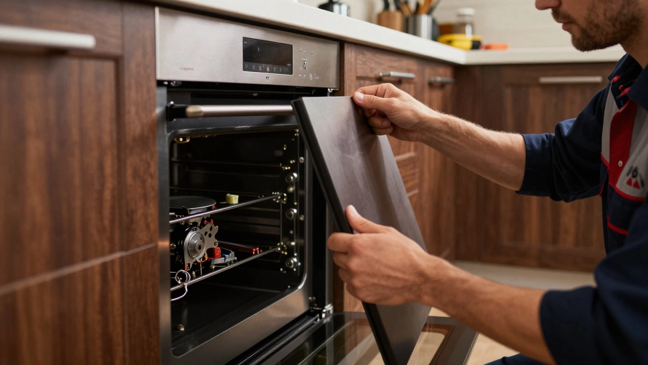 Technician repairing a built-in oven inside kitchen cabinets