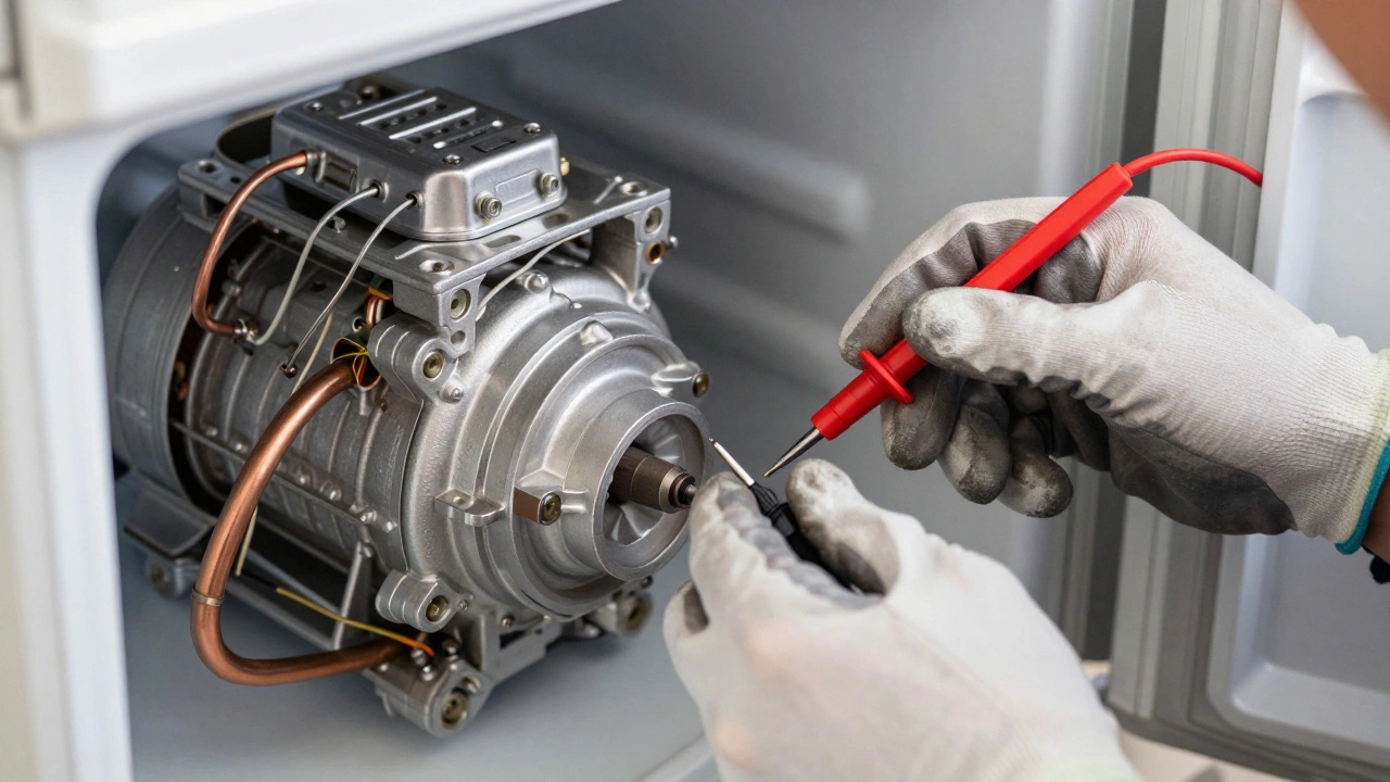 Technician testing freezer compressor with multimeter