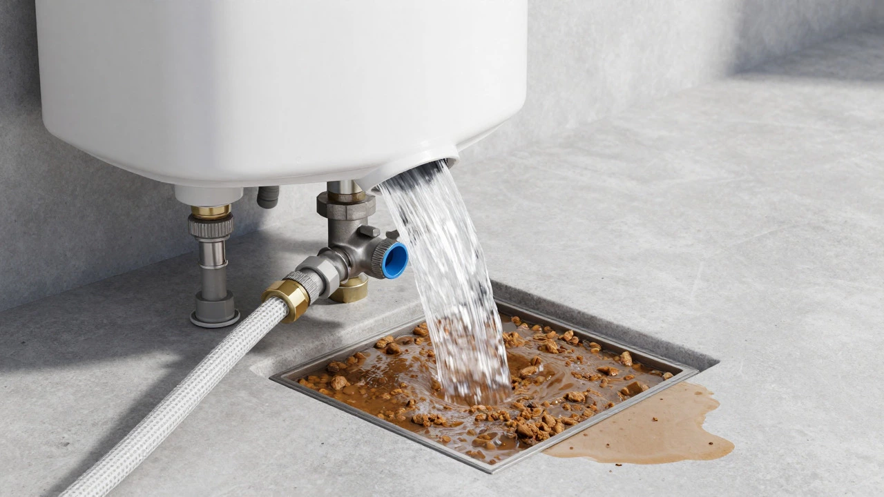 Water heater draining sediment through a garden hose