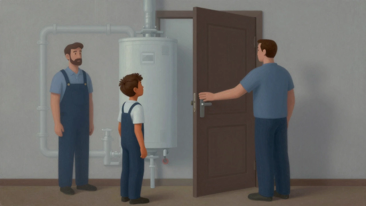Artistic illustration of a landlord and tenant standing before a symbolic boiler