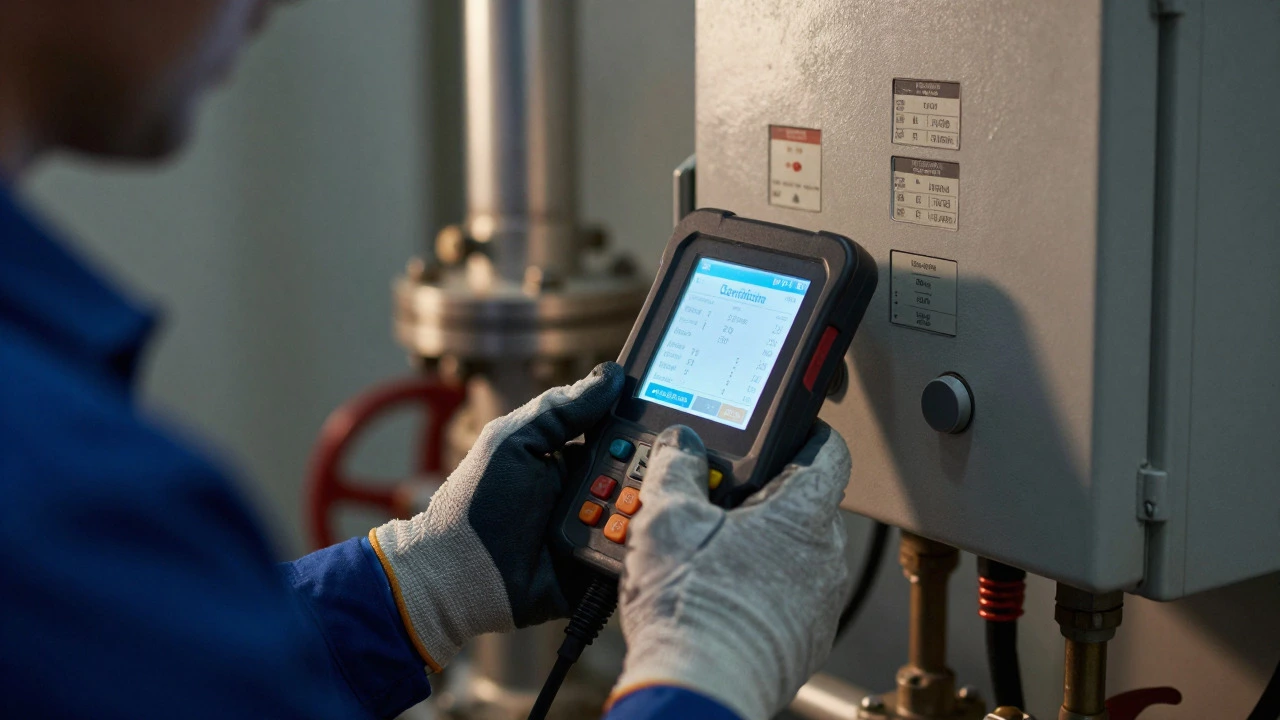 Close-up of an engineer's hands using a digital tool to inspect a boiler