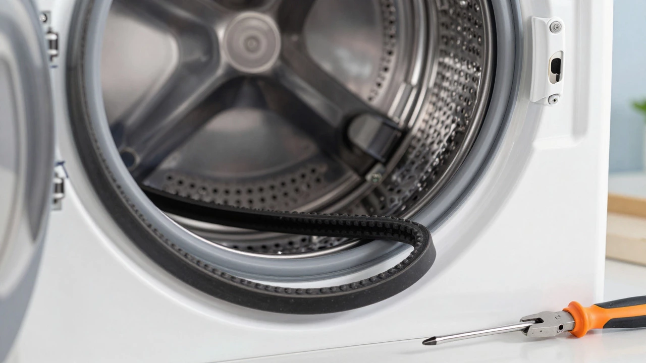 Close-up of broken rubber drive belt inside exposed tumble dryer mechanics