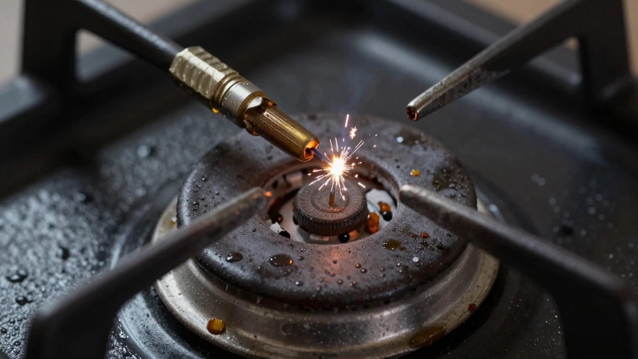 Close-up of gas burner igniter failing to light due to debris