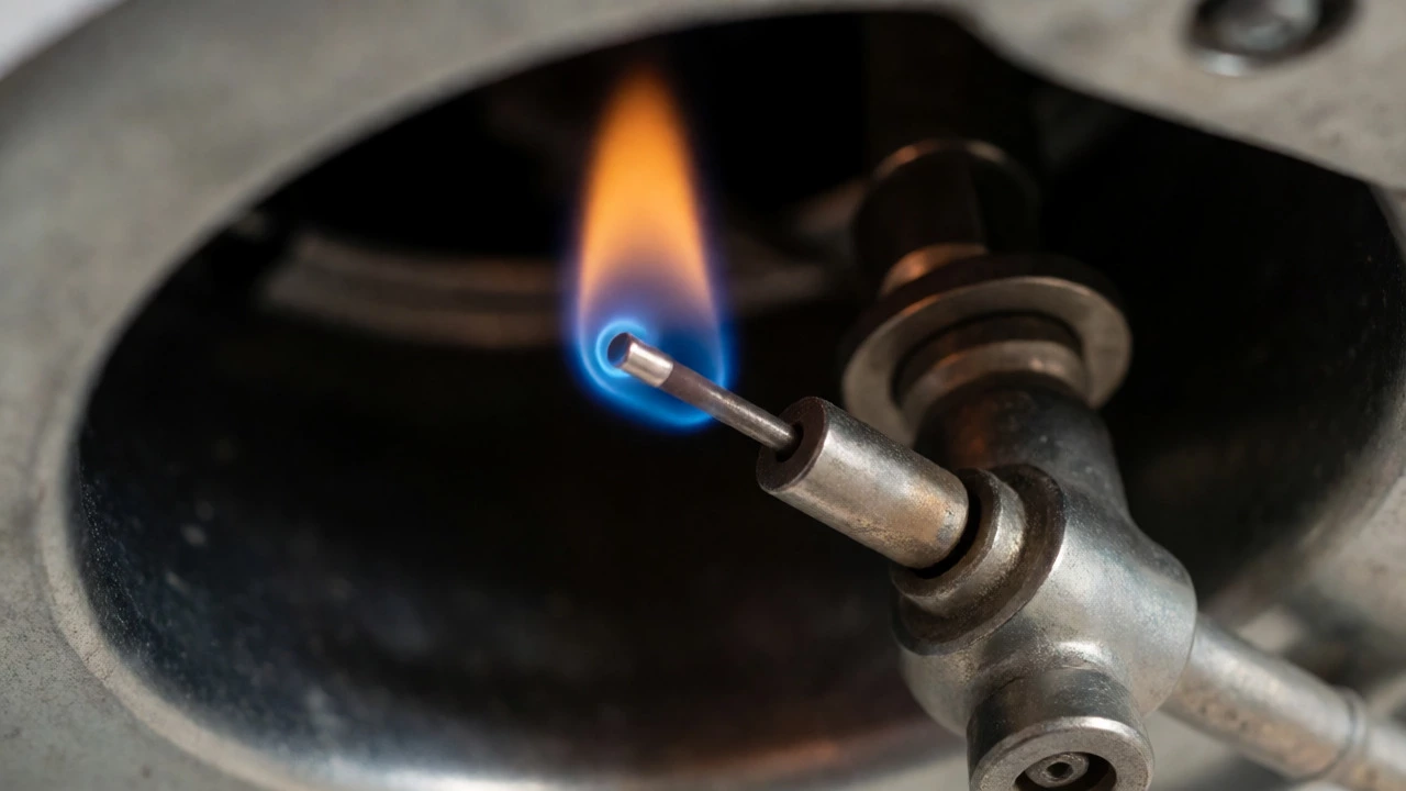 Close-up of gas water heater pilot light and thermocouple