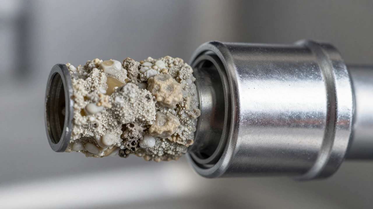 Close-up of mineral buildup clogging a dishwasher spray arm