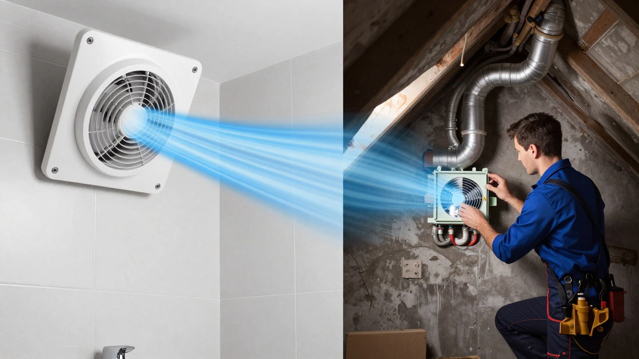 Comparison of a clean bathroom with airflow vs complex attic ducts
