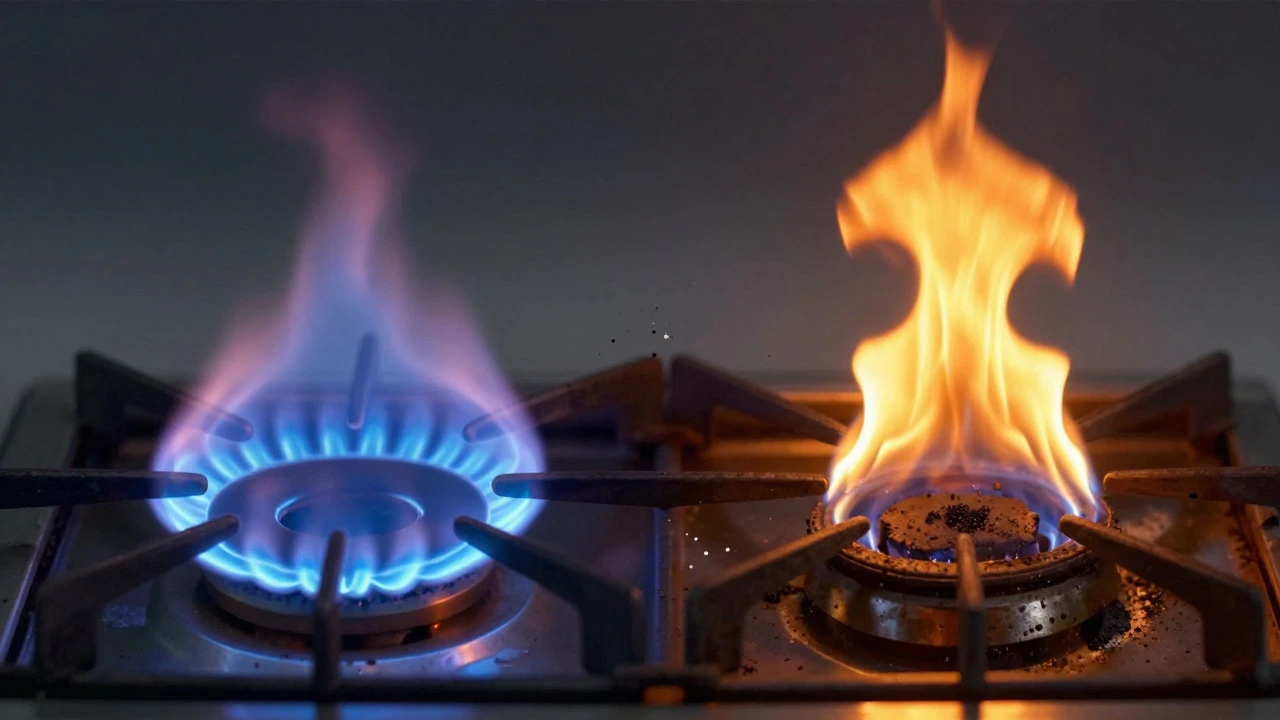Comparison of a healthy blue gas flame versus a dirty, yellow-orange flame