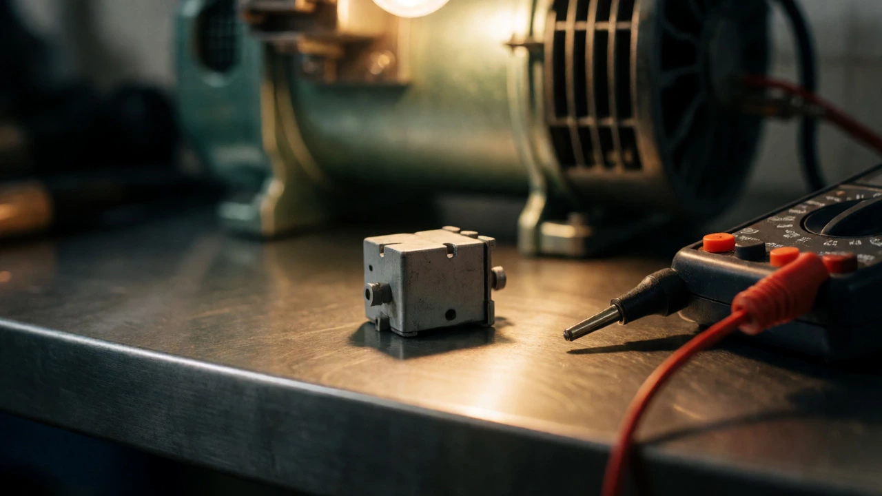 Compressor start relay component on workbench during repair diagnosis
