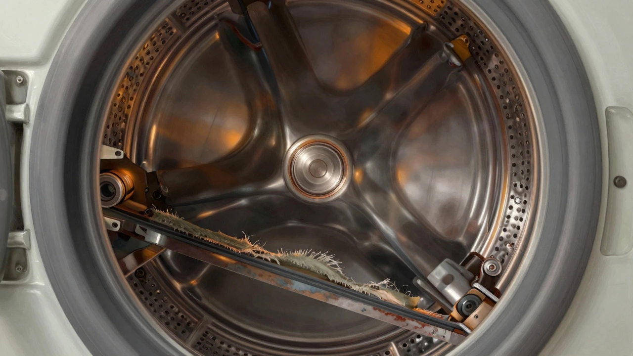 Cross-section illustration of a washing machine showing worn internal parts like seals and bearings.