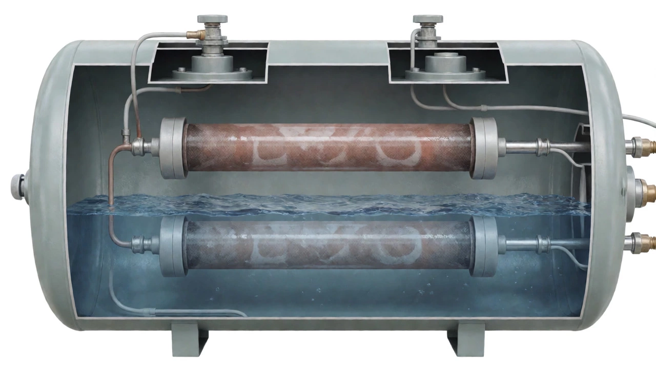 Cross-section of electric water heater with sediment buildup