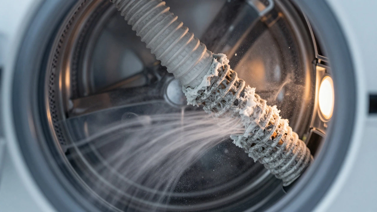 Cross-section view showing lint clogged exhaust vent blocking dryer airflow