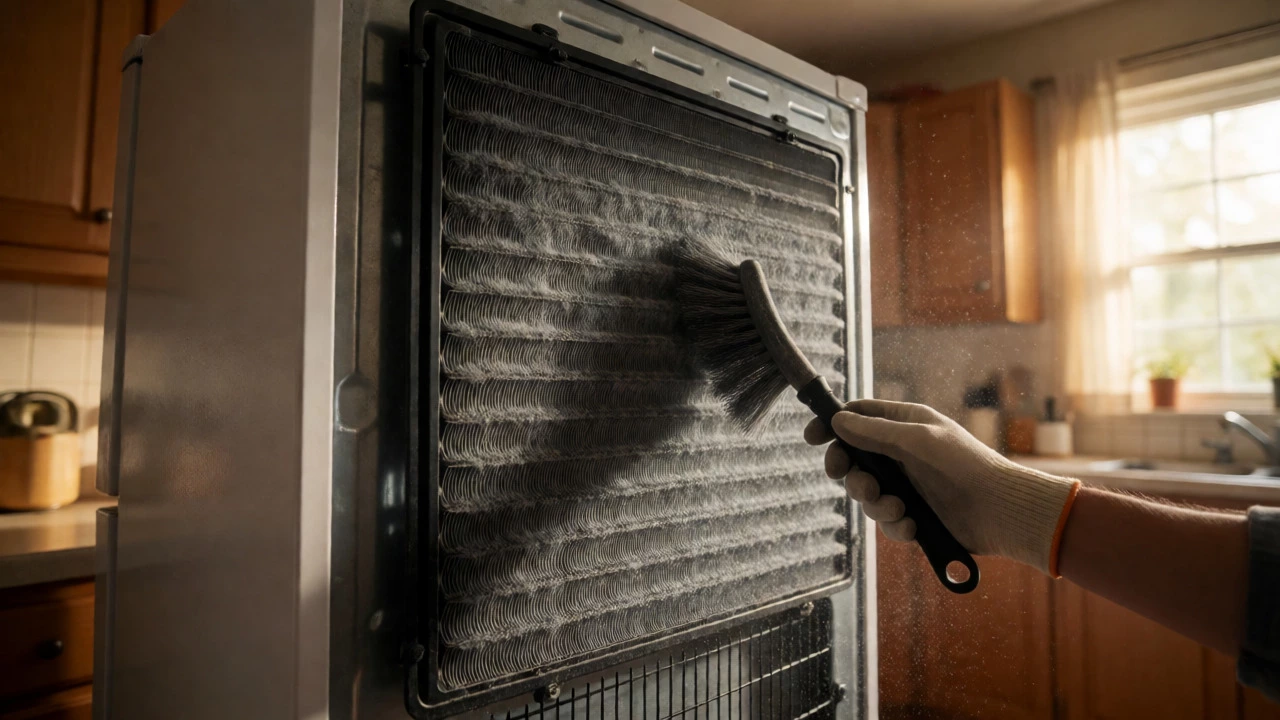 Dirty condenser coils covered in dust and pet hair behind a fridge
