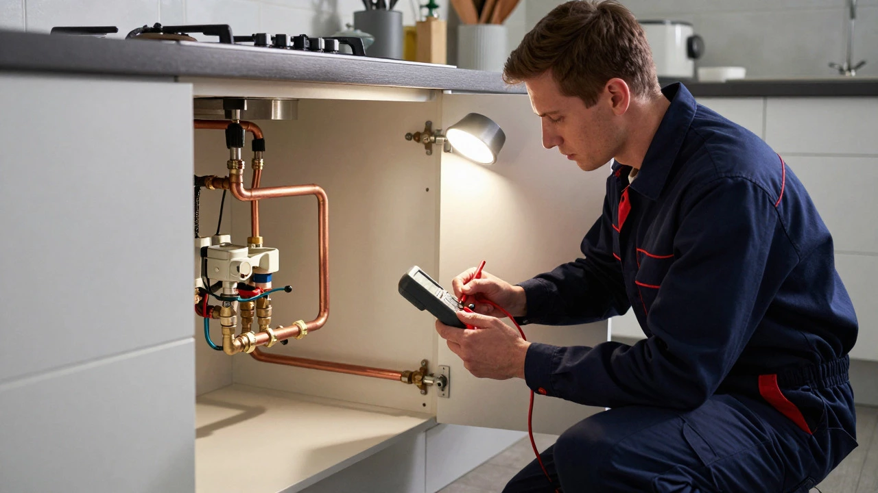 Gas engineer inspecting internal valve components under a kitchen counter