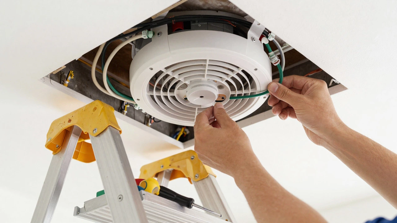 Hands replacing a ceiling fan with exposed wiring and tools