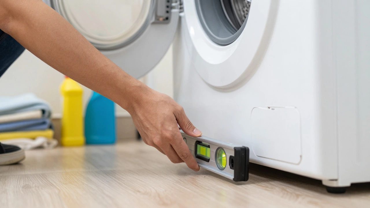 Hands using a bubble level to check if a washing machine is properly leveled on the floor.