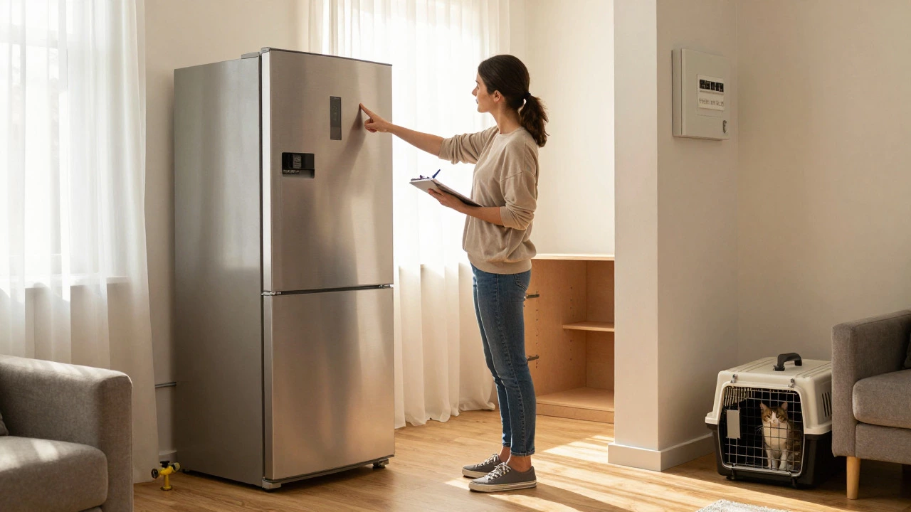 Homeowner preparing a cleared space around a refrigerator for a service visit
