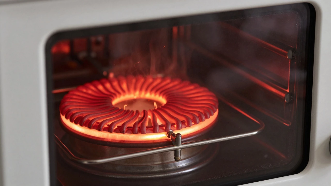Macro close-up of a glowing red electric oven heating element showing intense heat and wear.