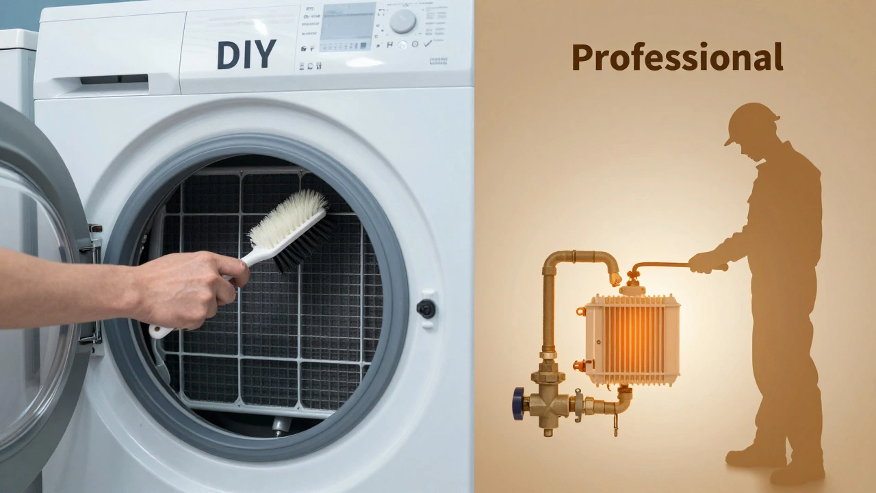 Split view of DIY cleaning versus professional gas dryer repair