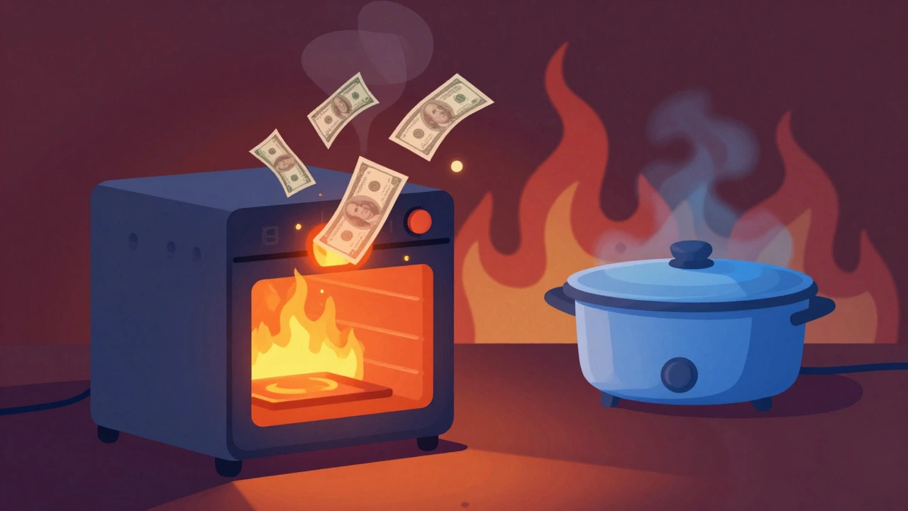 Stylized illustration of a hot oven emitting burning money, symbolizing cost and fire risk.