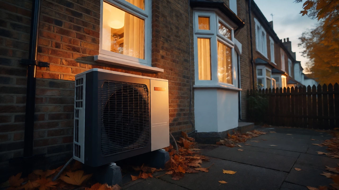 Clean heat pump unit on brick wall in warm light