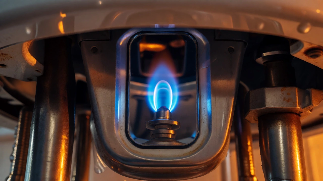 Close-up of a steady blue pilot light inside a gas water heater.