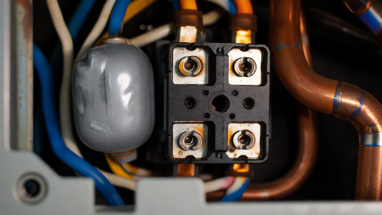 Close-up of damaged capacitor and contactor components