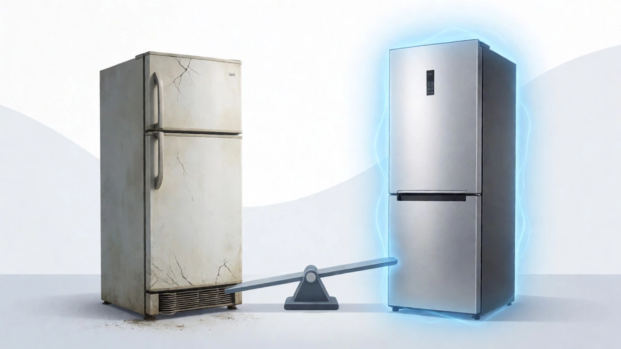 Comparison between an old, worn refrigerator and a new, energy-efficient model.
