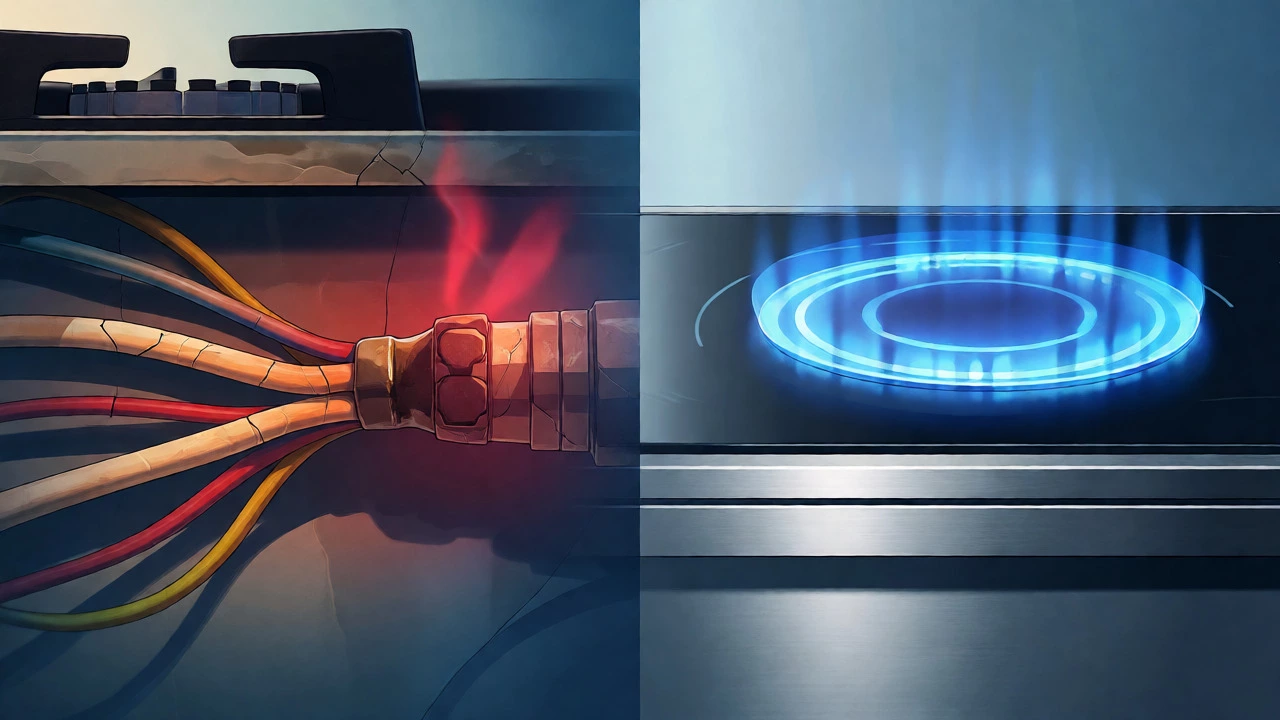 Conceptual split image showing brittle wiring in an old stove versus a modern efficient induction cooktop.