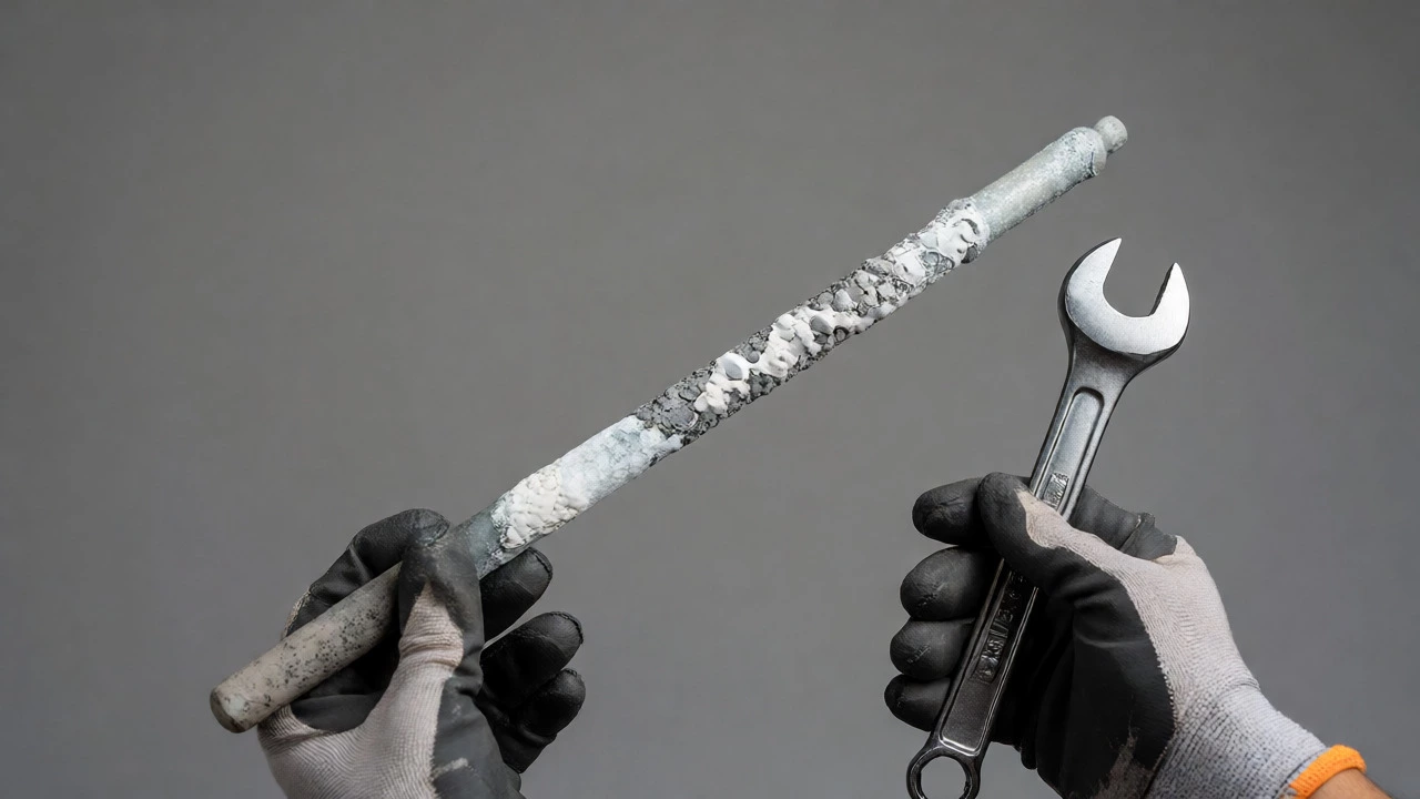 Corroded anode rod held next to a wrench for inspection