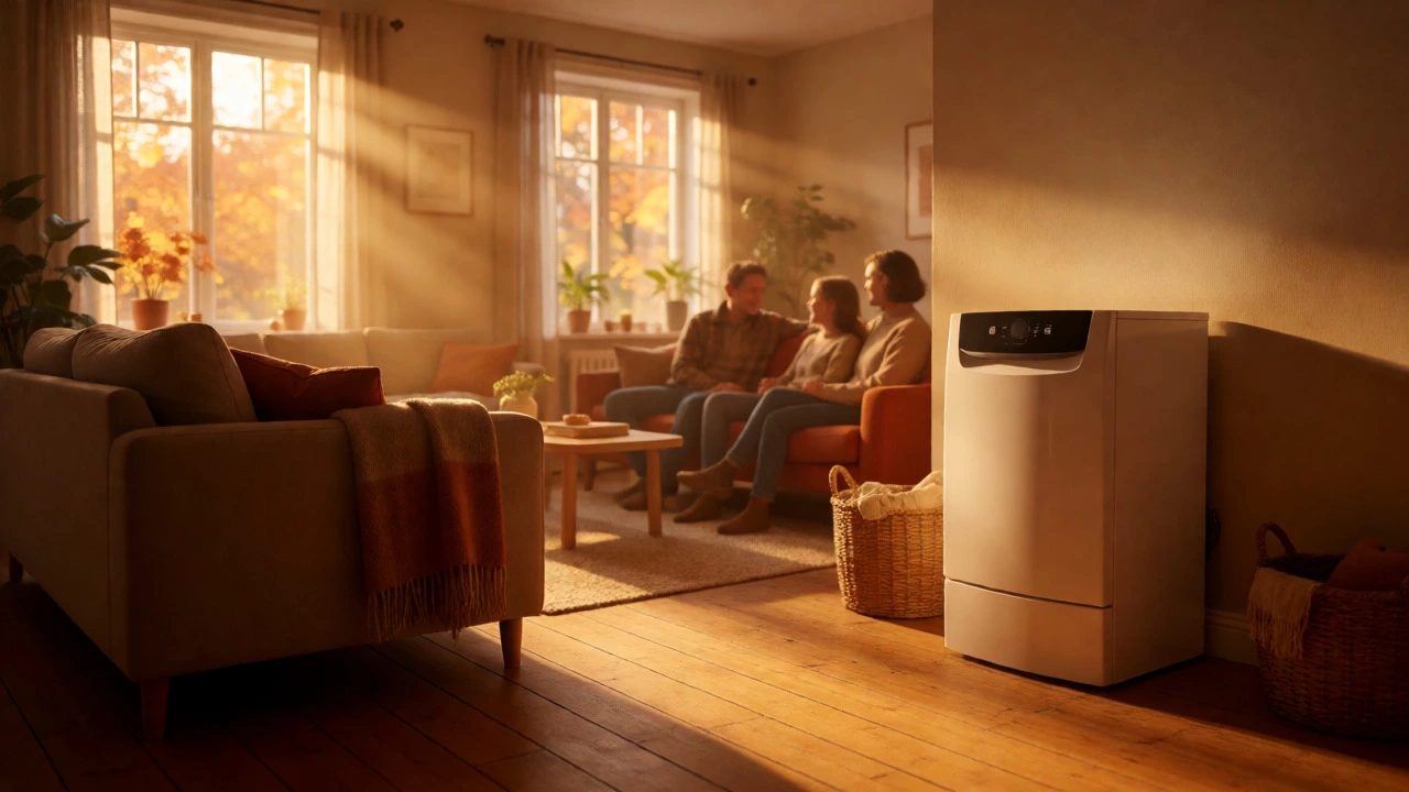 Cozy sunlit living room with a well-maintained boiler in the corner